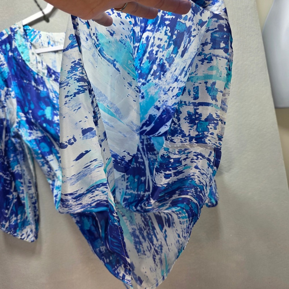 Soft Surroundings Abstract All Silk Beaded Tunic Blouse Womens M Sheer Blue New - Picture 7 of 13
